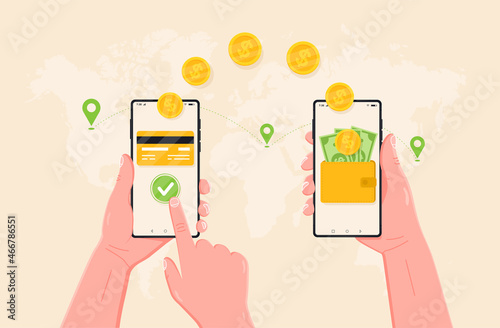 Transfer of mobile payment across the planet. People who send and receive money wirelessly using their mobile phones. Hand holding smartphones with payment applications for online banking.