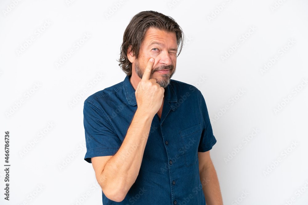 Senior dutch man isolated on white background showing something Senior dutch man isolated on white background showing something