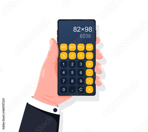 Smartphone with calculator app. Flat design of hand holding phone with calculator app on screen. Vector flat style illustration.