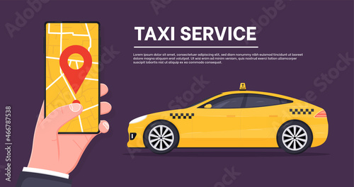 Taxi service concept. Modern taxi call using smartphone and online application.Man booking a car on smartphone with map. Gps route with map navigation. Flat style vector illustration.