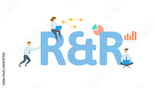 R and R, Reward and Recognition. Concept with keyword, people and icons. Flat vector illustration. Isolated on white.