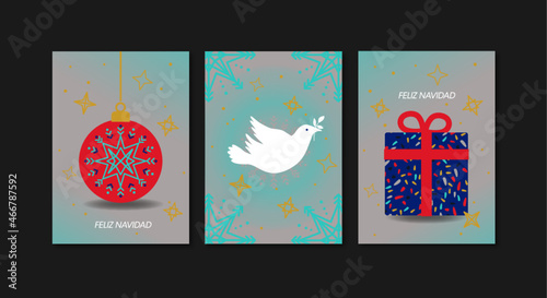Diseño de tarjetas de navidad con ilustraciones vectoriales. Feliz Navidad. Bolas de árbol, paloma y regalos de navidad.