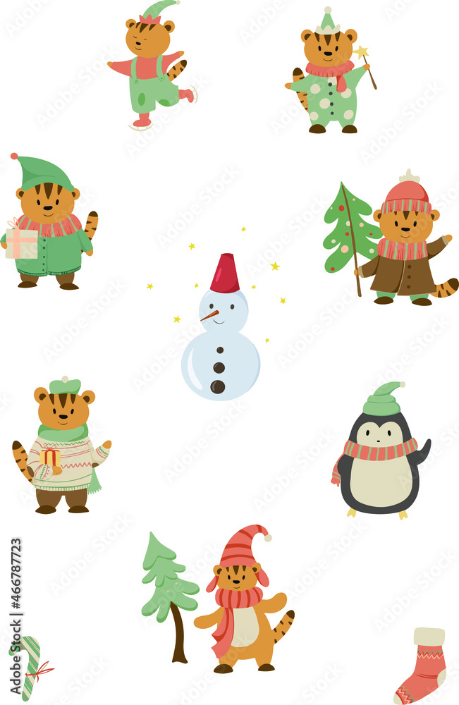 Christmas and New Year collection of cute animals and seasonal elements. Isolated a white background. Hand drawn vector illustration