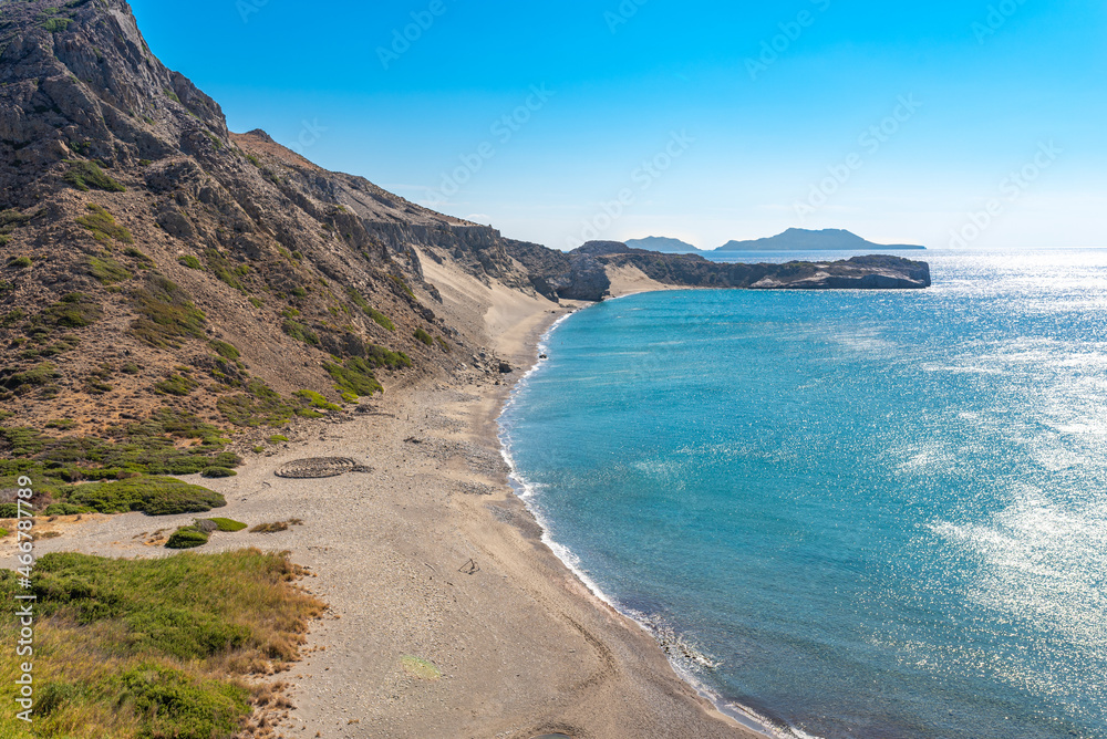 Agios Pavlos is located on the south coast of the Greek Mediterranean island of Crete. At Cape Melissa begins a long, largely unspoiled sandy beach that leads to the rocks of Triopetra