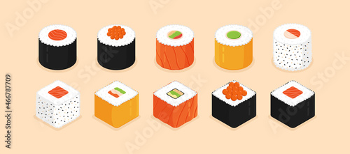 Sushi roll set. Isometric sushi icons on apricot background. Traditional japanese food. Flat style vector illustration.