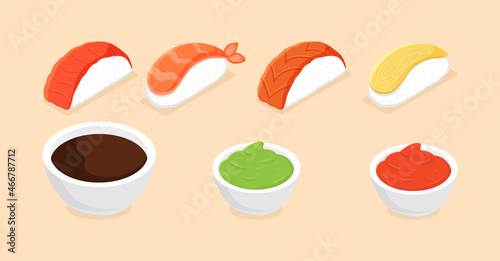 Sushi set. Isometric sushi icons on white background. Rolls with caviar of red fish, with salmon. Sushi nigiri with shrimp.Traditional japanese food. Flat style vector illustration.