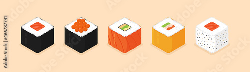 Sushi set. Isometric sushi icons on white background. Rolls with caviar of red fish, with salmon. Sushi nigiri with shrimp.Traditional japanese food. Flat style vector illustration.