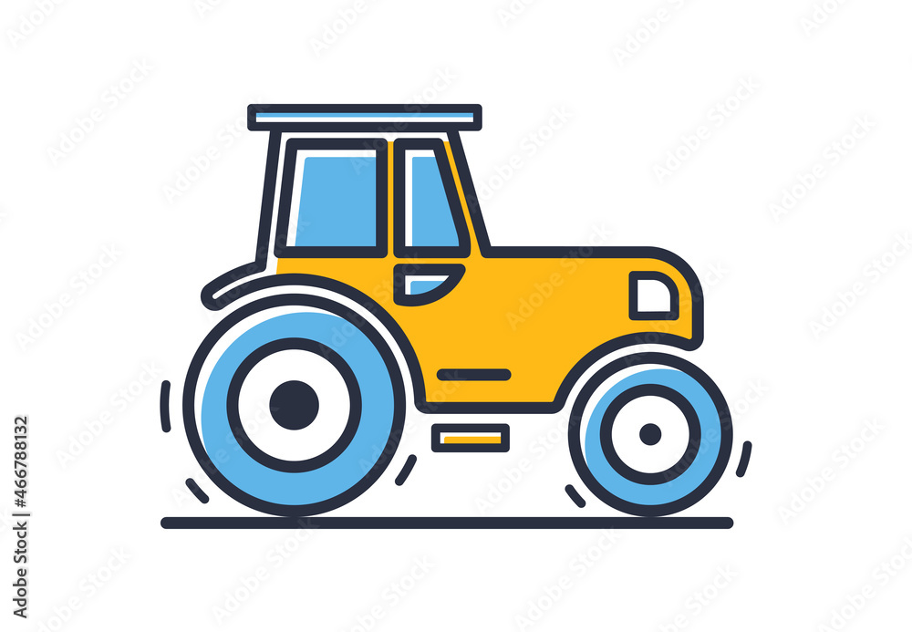 Tractor icon. Tractor vector icon, pictogram, side view isolated on white background. Design elements, colored. Element for mobile concepts and web apps. Flat style vector illustration. Tractor icon. Tractor vector icon, pictogram, side view isolated on white background. Design elements, colored. Element for mobile concepts and web apps. Flat style vector illustration.