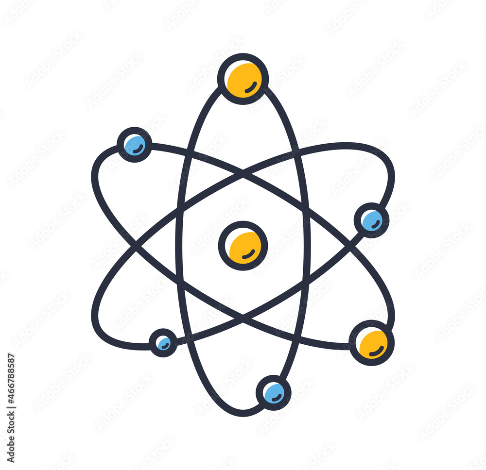 Atom icon. Chemistry science research isolated on white background. Design elements, colored. Element for mobile concepts and web apps. Flat style vector illustration. Atom icon. Chemistry science research isolated on white background. Design elements, colored. Element for mobile concepts and web apps. Flat style vector illustration.