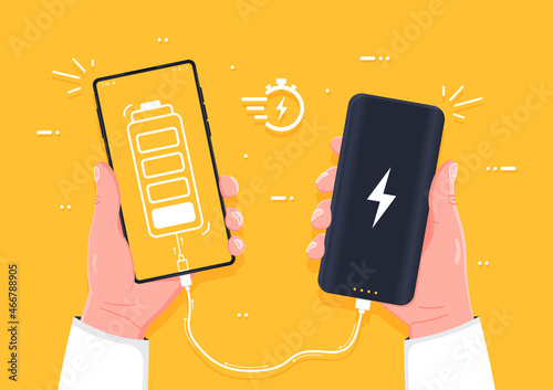 Charging the device. Human hand holding smartphone charging connect to power bank, conceptual. Flat style vector illustration.