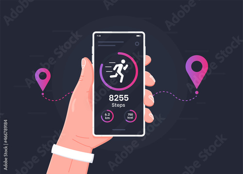 Pedometer concept.Fitness tracking app on mobile phone screen illustration flat cartoon style, smartphone with run tracker, running or walk steps counter sport tech on cellphone. Vector illustration.