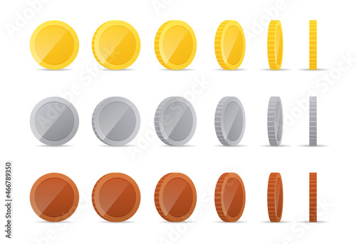 Blank set of coins. Realistic template. 3D gold, silver, bronze vector coin. Investment, web, bingo, jackpot, casino, poker, game app Interface Concept. Coin Icon, Sign, Banking Cash Symbol.