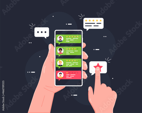 Holding phone in hand and rate content with a star mockup.User rating, bookmark and evaluation icon in the bubble over mobile phone. Social media concept of user opinion, review, feedback.