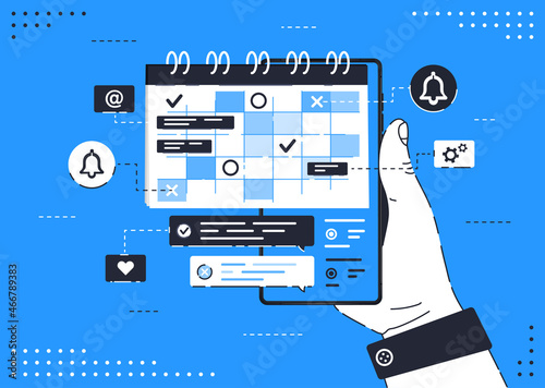 Mark calendar schedule on mobile device smart phone important dates reminder time plan organizer. Trendy flat style isolated on blu background. Business Plan and Time Management Concept.