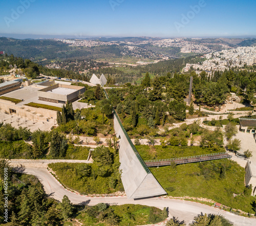 Aerial view of Israel's official Holocaust Museum and memorial to the victims of the Holocaust, Yad Vashem, Jerusalem, Israel.