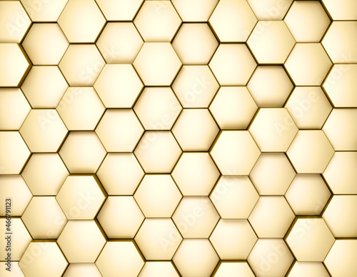 Fototapeta Naklejka Na Ścianę i Meble -  Abstract 3D geometric background, gold hexagons metallic shapes stacks, 3d rendering