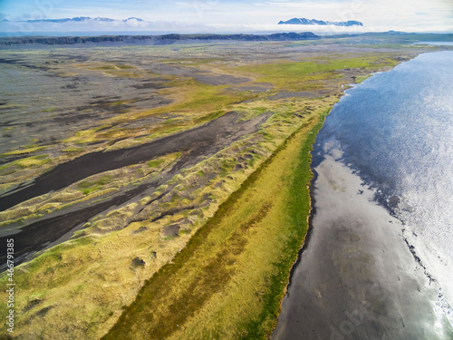 Aerial view of sand plain Sigridarstadasandur along the lagoon Sigridarstadavatn, Vatsnes, north Iceland. photo