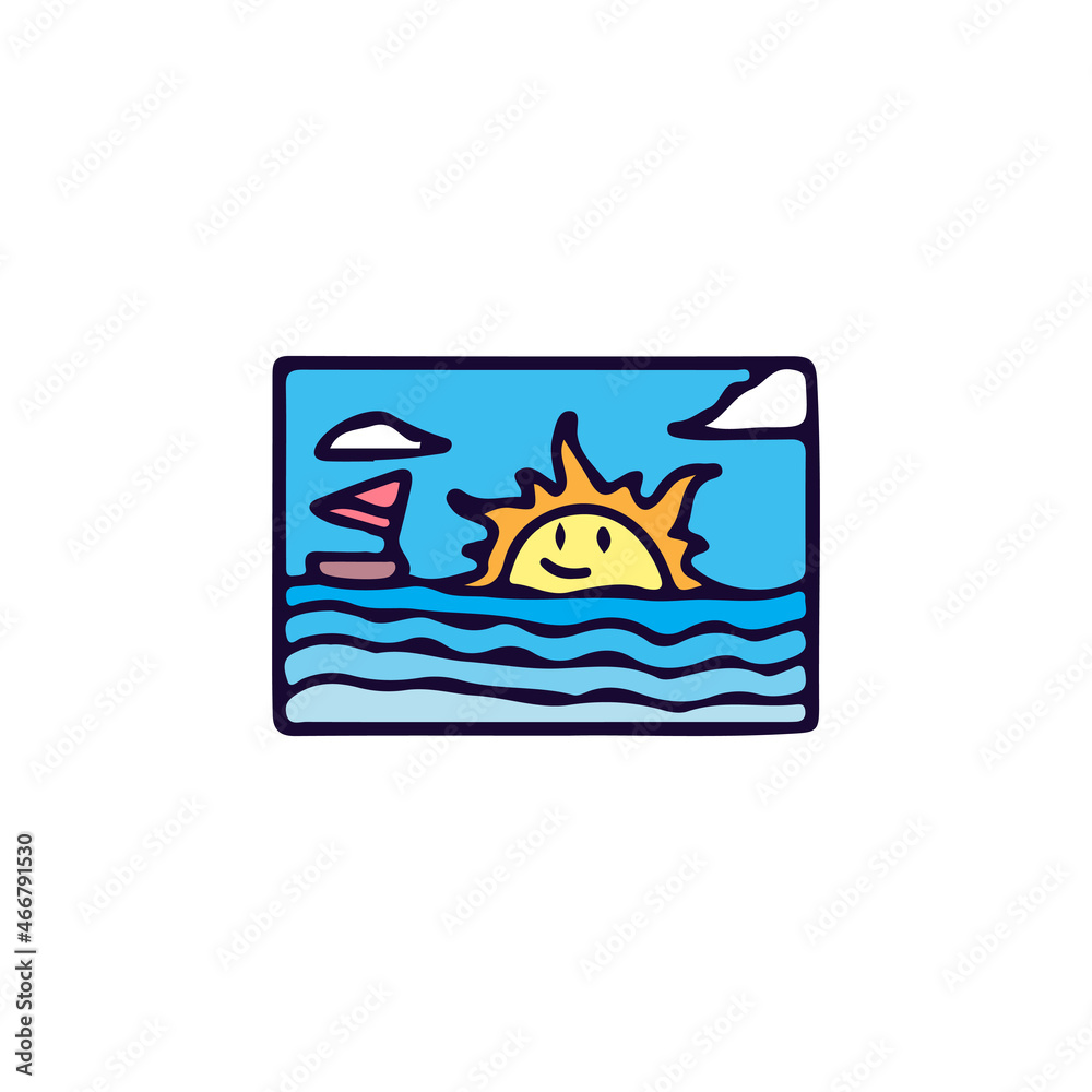 Obraz premium ship, sea and sunset. cartoon illustration for badge.