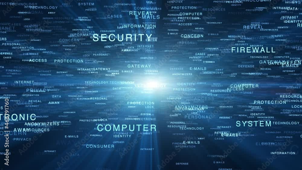 Shining security secure electronic digital computer technology network word cloud. Shining light and blue words animation background.