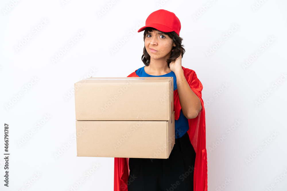 Young superhero delivery girl isolated on pink background having doubts Young superhero delivery girl isolated on pink background having doubts