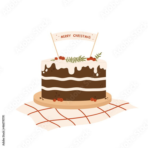 Christmas cake  decorated with holly berries, icing on a napkin. Winter sweet celebration cake homemade. Vector illustration in cartoon style. Isolated on white background.