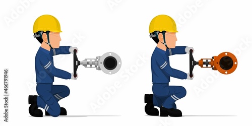 Set of worker is operating valve on white background