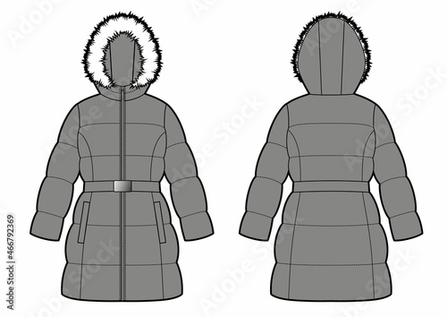 Women's hooded with fur down jacket with fur.