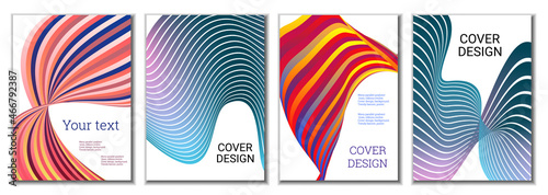A set of 4 abstract covers. Wavy parallel gradient lines, ribbons evolve. Cover design, background. Trendy banner, poster.