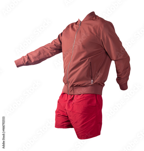 mens bomber jacket sports shorts isolated on white background. fashionable casual wear photo