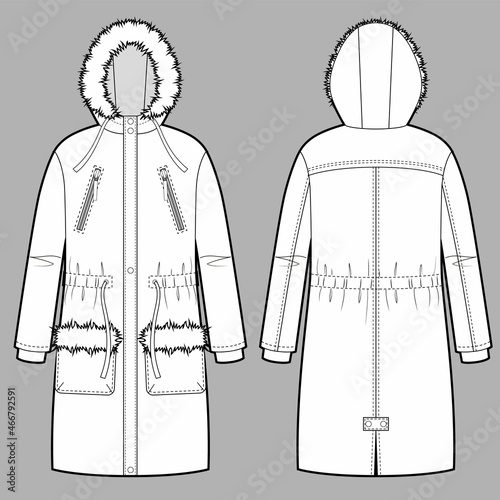 Vector illustration of women's parka with fur on the hood and pockets.