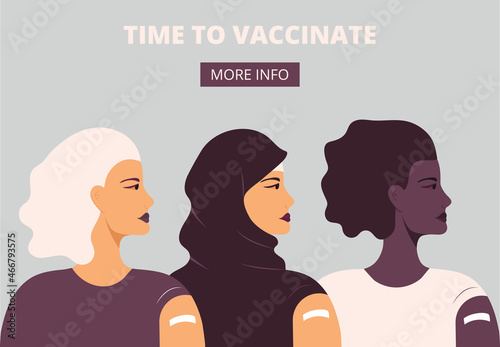 After vaccination concept vector. Coronavirus vaccine company. Injection in shoulder was successfully. Multi races of women after getting vaccine.