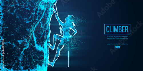 Abstract wireframe silhouette of a young woman climbing on a rock wall on the blue background. Vector illustration
