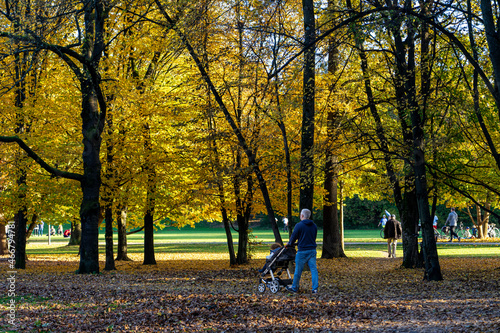 Schöner Herbst in München: Mann mit Kinderwagen und Menschen, bunte Bäume und schöne Wiese in der Sonne im Hirschgarten
