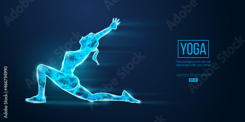 Abstract wireframe silhouette of a young woman practicing yoga on the blue background. Vector illustration