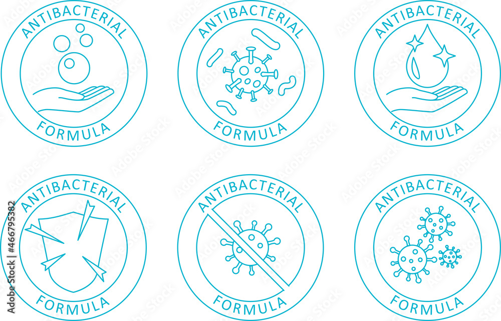 Antibacterial icon set. Against viruses and bacteria. Sanitizer label. Antibacterial sign for goods.