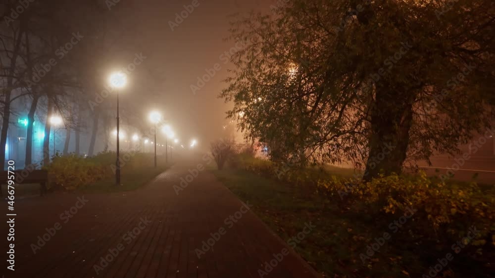 Streets of the night, heavy fog ,autumn desert city
