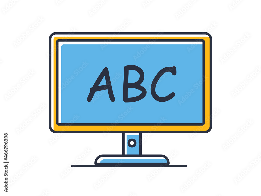 ABC on laptop screen. Online lessons isolated on white background. Design elements color. Can be used for mobile concepts and web applications, social networks. Flat style vector illustration. ABC on laptop screen. Online lessons isolated on white background. Design elements color. Can be used for mobile concepts and web applications, social networks. Flat style vector illustration.