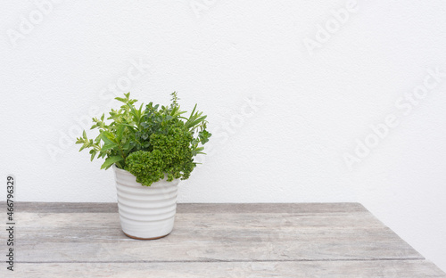 Small ceramic pot of herbs, including parsley, oregano and thyme, on wooden table against white background with copy space