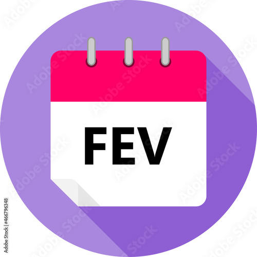 white and pink calendar page with FEV month abbreviation in Brazilian Portuguese written in black and a purple circle background whith shadows clipart vector editable changeable image
