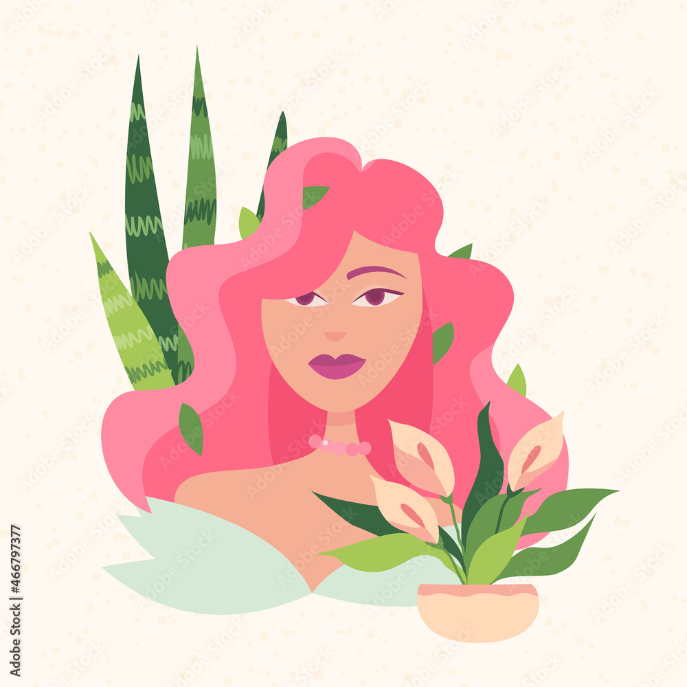 beautiful proud woman with pink hair. woman with voluminous hair. woman up to her chest with a home plant. beautiful proud woman with pink hair. woman with voluminous hair. woman up to her chest with a home plant.