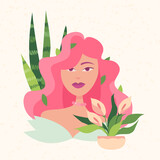 beautiful proud woman with pink hair. woman with voluminous hair. woman up to her chest with a home plant.