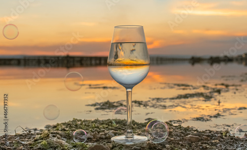 Vue d un verre    vin avec un coucher de soleil sur les parcs    moules d un   tang de la Camargue  r  serve naturelle prot  g  e