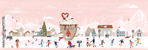 Winter landscape on a Christmas eve or New year celebrated in the city, Vector of a horizontal banner winter wonderland in the town with happy people playing ice skatting in the park