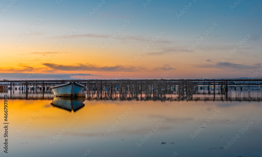 Fototapeta premium Barque pour la pêche au bord d'un étang en Camargue dans le sud de la France au coucher du soleil au milieu d'un parc à moules.