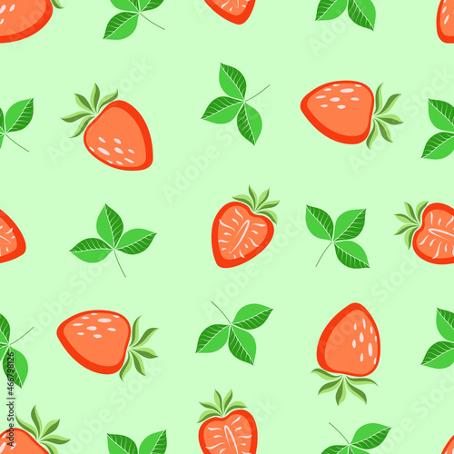 Fototapeta Naklejka Na Ścianę i Meble -  Vector seamless pattern, drawn strawberries and strawberry leaves on a green background. Juicy pattern for printing on paper, postcards, kitchen textiles