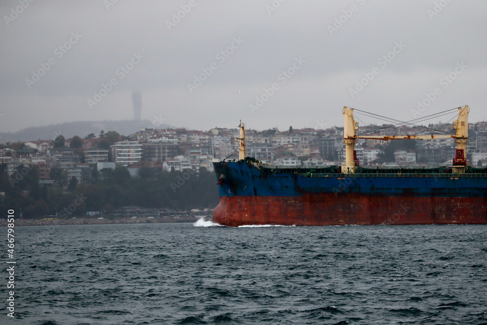 Fototapeta premium cargo ship in the Bosporus strait with Istanbul city view on background