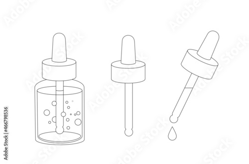 Serum with pipette outline illustration isolated o white background. Cosmetic vector graphic. Face treatment 