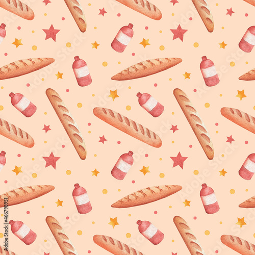 watercolor hand drawn seamless pattern with little cute elements such as baquettes, milk (or fresh, juice), confetti, stars. perfect for textile, scrapbooking, packaging and wrapping paper, decor photo