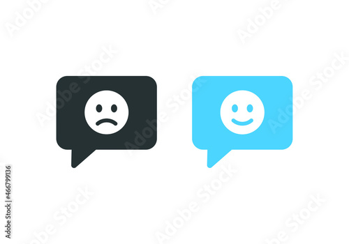 Feedback emoji bubble, smile sad emoticon in speech bubbles, bad and good Review. Happy and Sad reaction