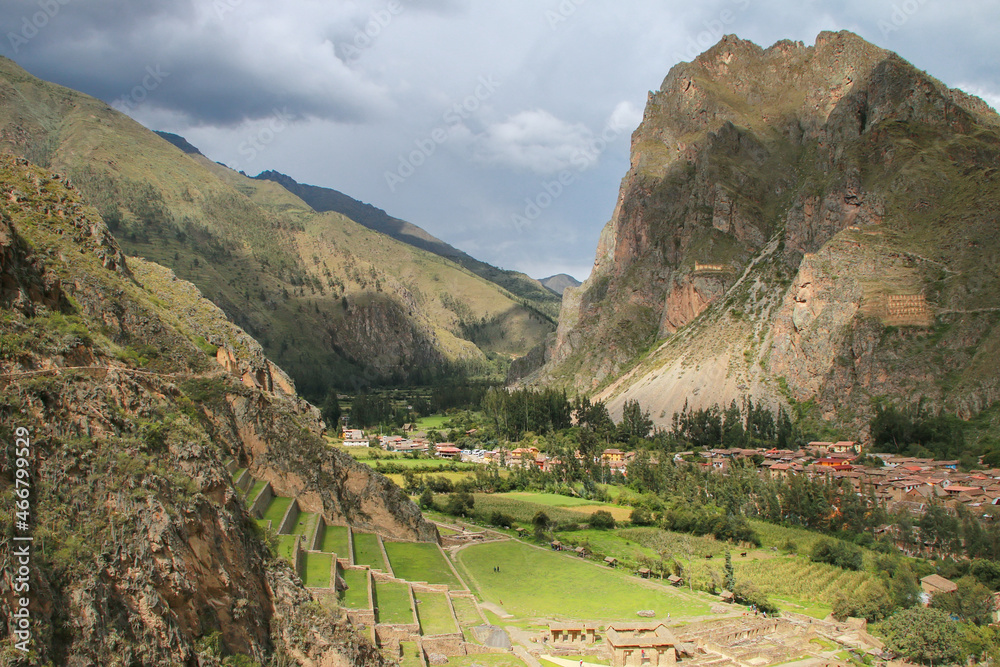 Inca Fortress with Terraces and Temple Hill in Ollantaytambo, Peru